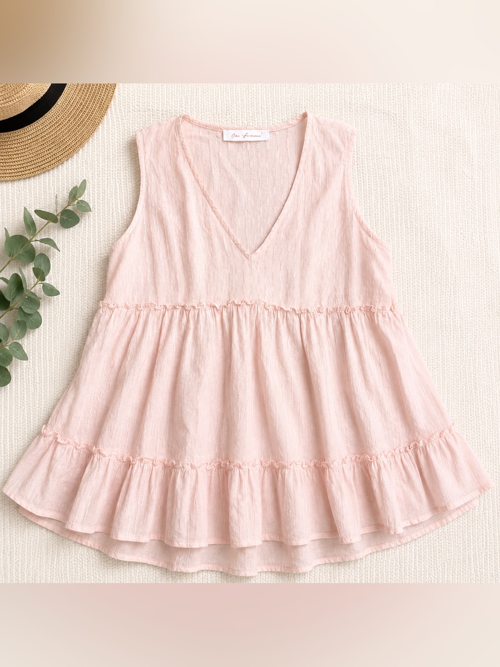 Ces Femme Blush Pink Tiered Babydoll Tank Top | Large | 100% Cotton